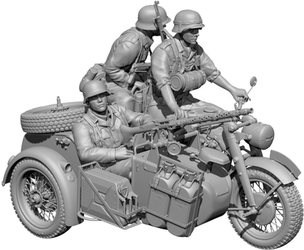 Sol Models WWII German KS750 Military Sidecar with 3 Crew 3D Printed Kit MM879 1/35 Figures, (Motorcycle)