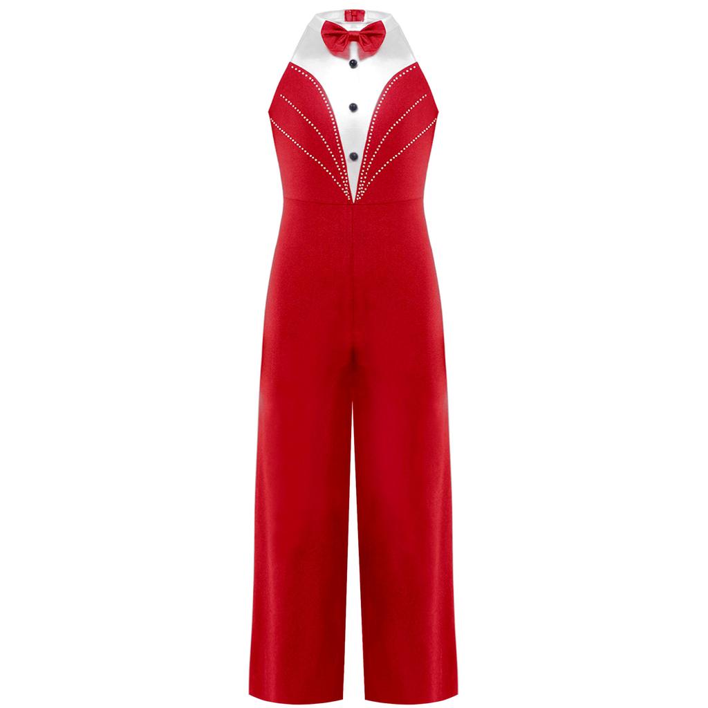 Kids Girls Sparkly Dance Jumpsuit Metallic Patchwork Rhinestone Color Block Design Sleeveless Stage Wear