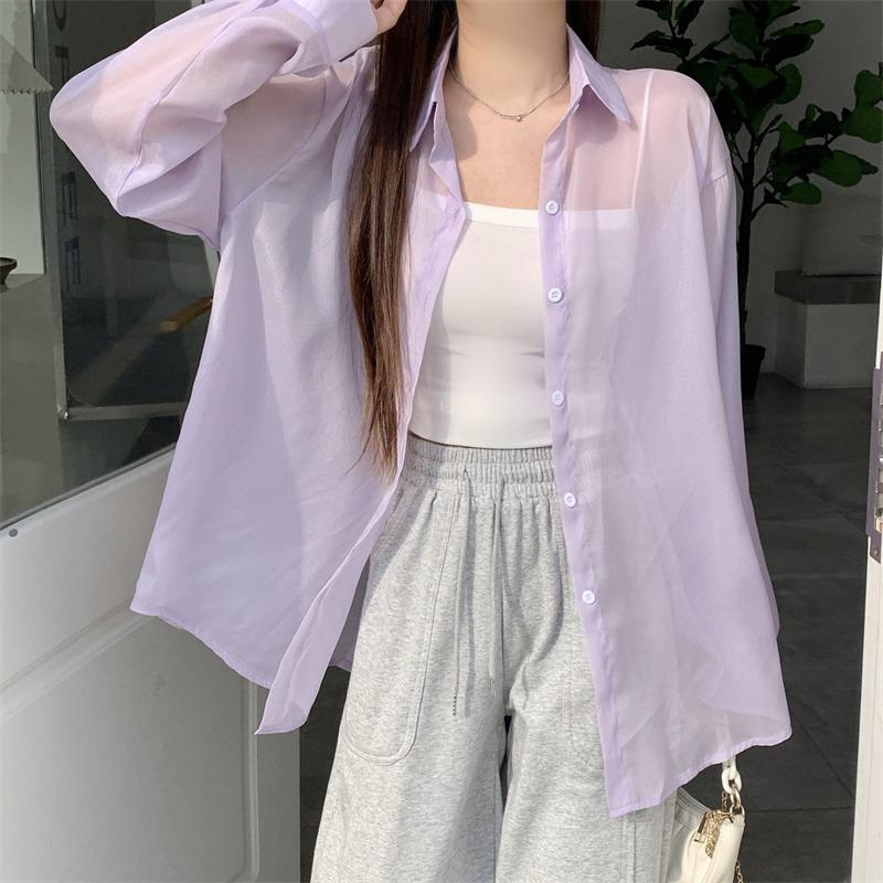 Back Split Lace-up Casual Loose Shirts Women Fashion New See Through Long Sleeve Women's Blouses Thin Breathable Sun Protection Office Lady Tops 26108