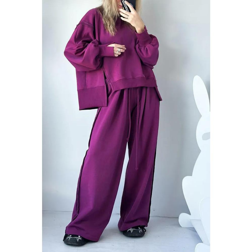 New Autumn and Winter Women's Fashion Casual Set Solid Color Long-sleeved Shirt Long Pants and Round Neck Two-piece Set