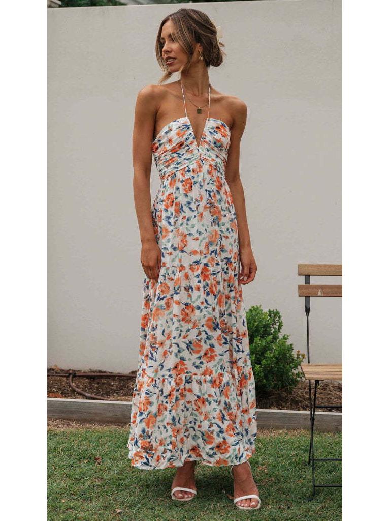 2024 Модное женское длинное платье с открытыми плечами и V-образным вырезом