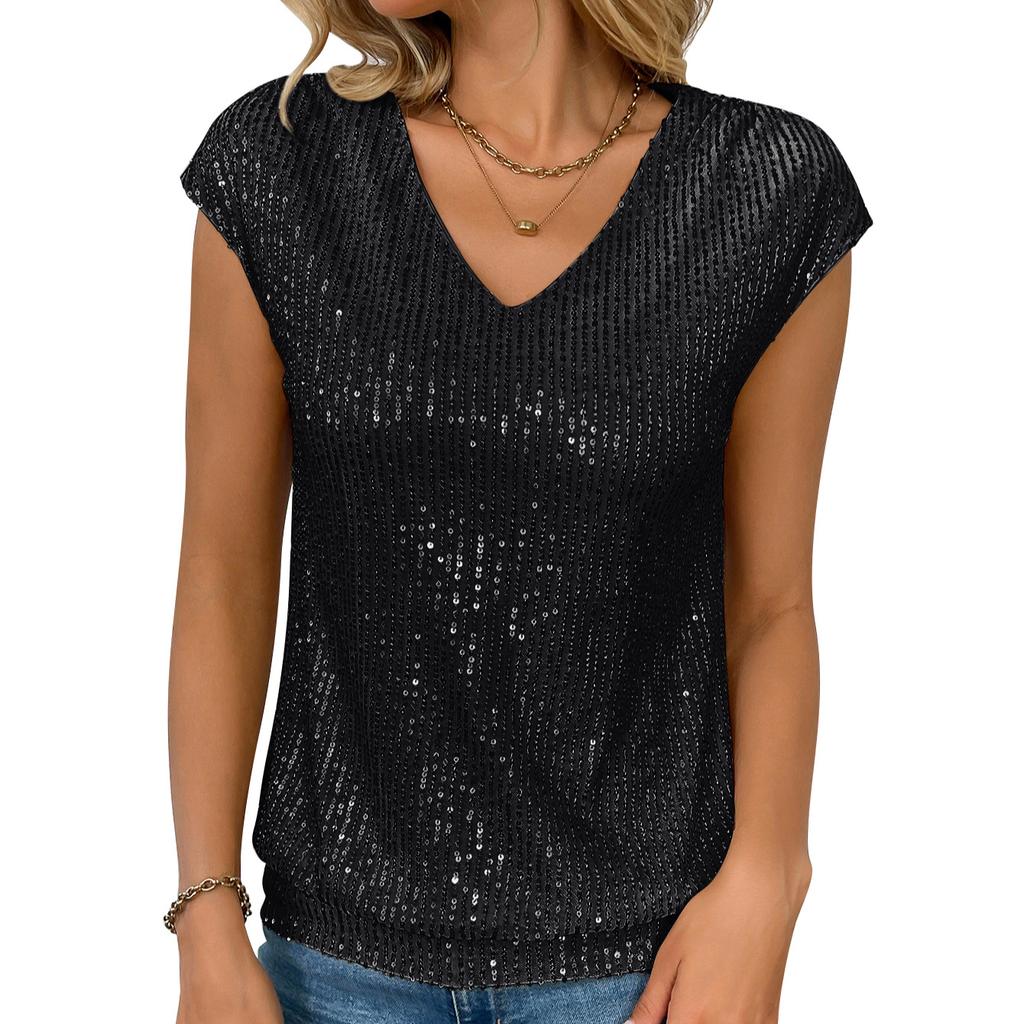 Summer New Women's V-neck Sequined Short Sleeved Top Vest for Women