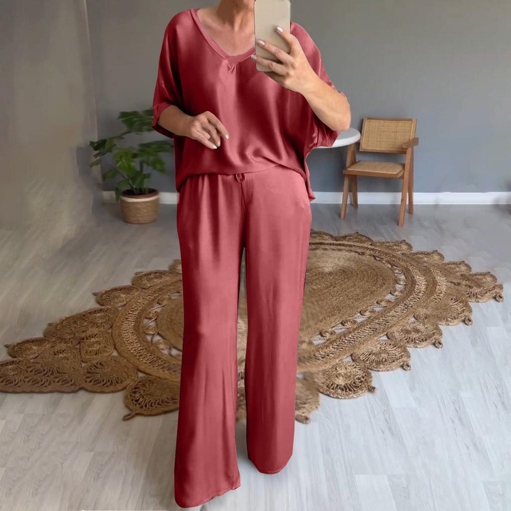 Женский свободный пуловер с v-образным вырезом, повседневный модный костюм с длинными брюками и короткими рукавами