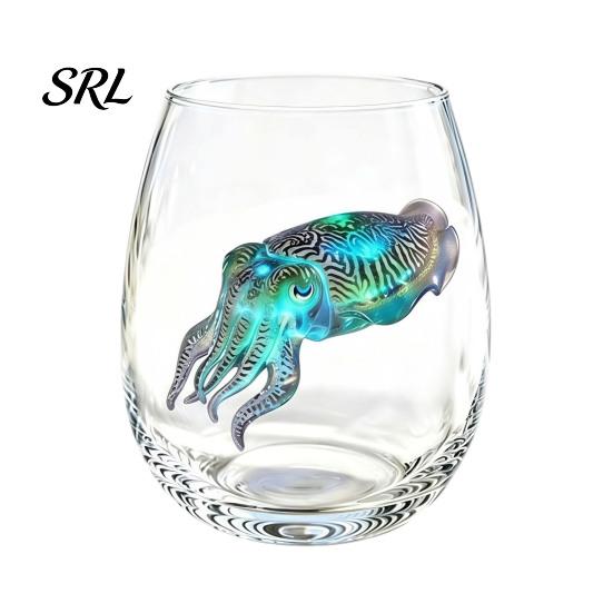 Decorative Aesthetic Water Tumblers Stemless Wine Glasses with Marine Animal Pattern, 420ml Capacity, High Borosilicate Cute Egg Shaped Glass