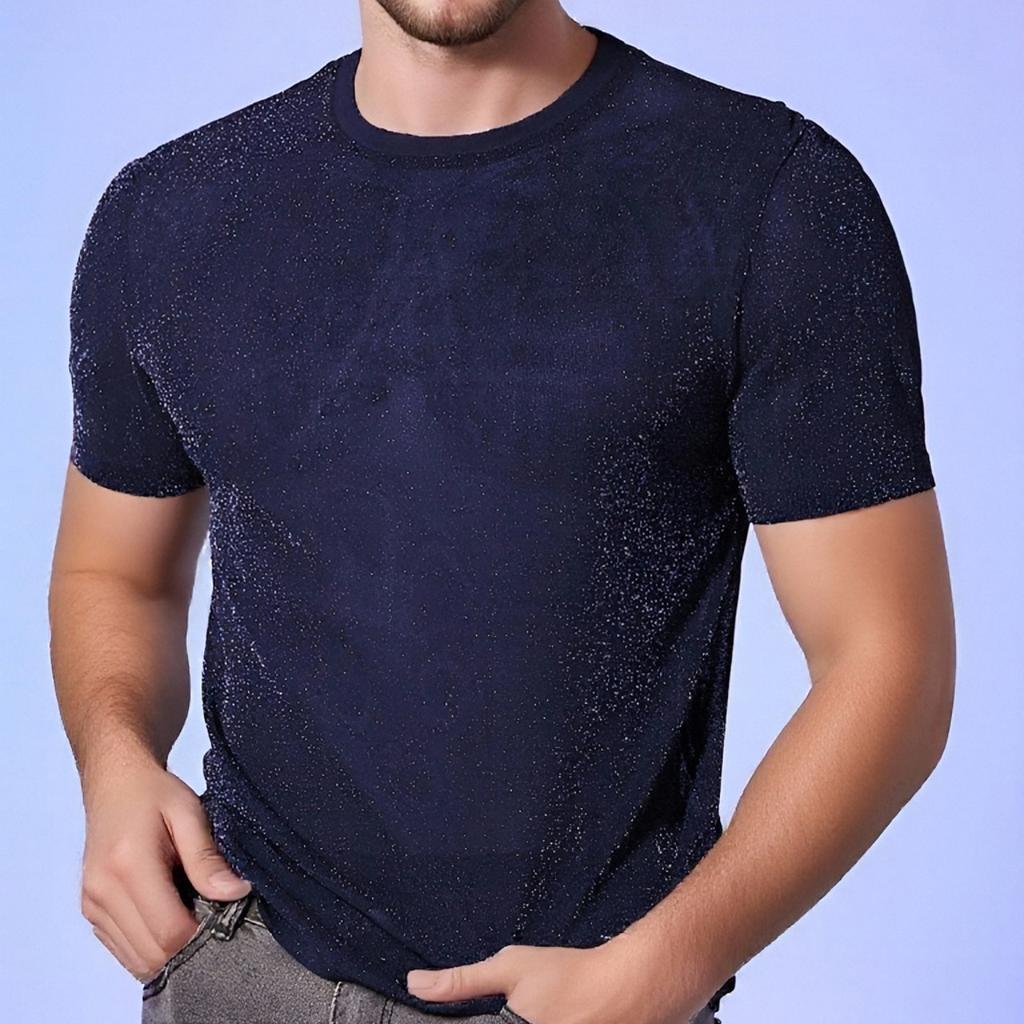 Мужская блестящая футболка с круглым вырезом и короткими рукавами из прозрачной сетки