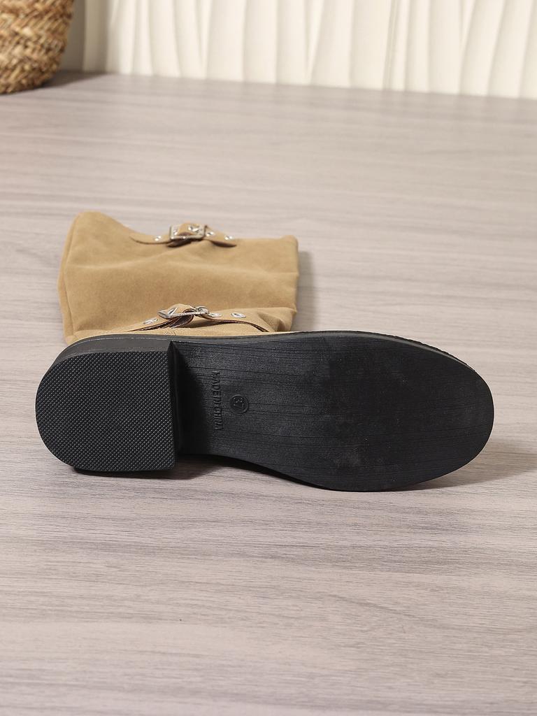 Британский стиль квадратный каблук до середины голени рыцарские сапоги женские сапоги модные прочные пряжки украшения ретро замшевые сапоги Botas Mujer