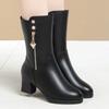Women Leather Boots Genuine Leather Plush Boots Winter Warm Thick Heel Brand High-heeled Fashion Mid-Calf Snow Boots Women Shoe