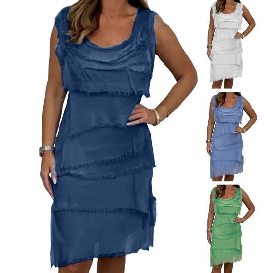 Леди летнее платье с бахромой, рваные, многослойные, без рукавов, с круглым вырезом, сплошной цвет, длиной до колена, пуловер трапециевидной формы с наклонным краем, повседневное платье миди для свиданий