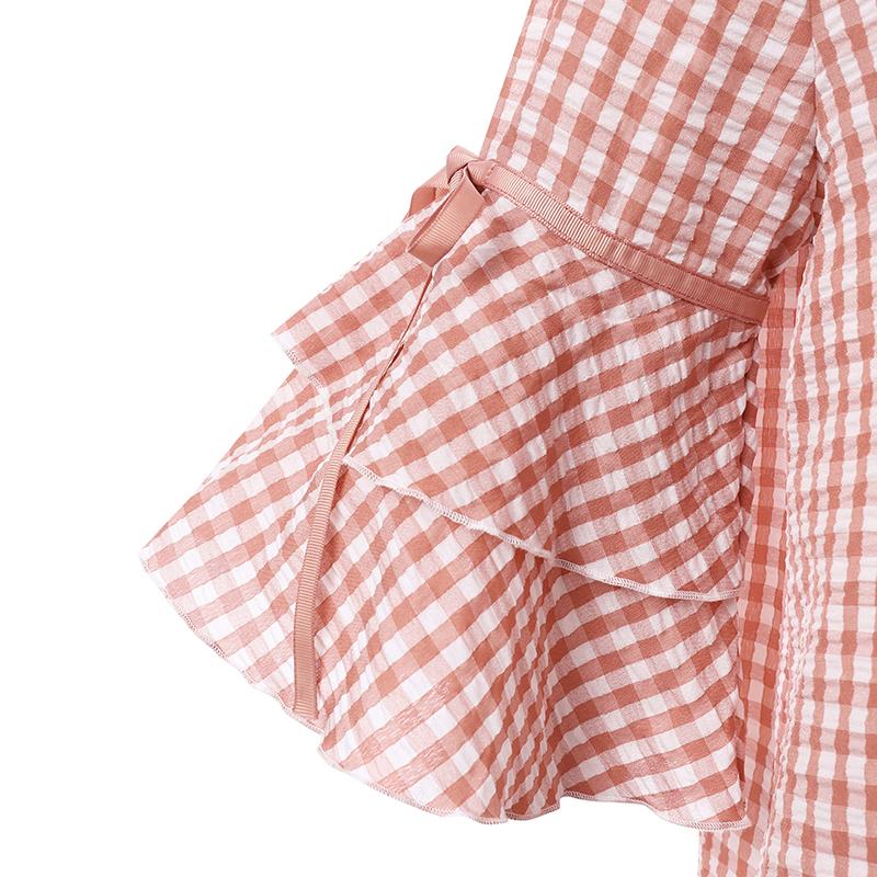 ZANZEA Женская клетчатая рубашка с круглым вырезом и оборками на рукавах, летние повседневные блузки, топы
