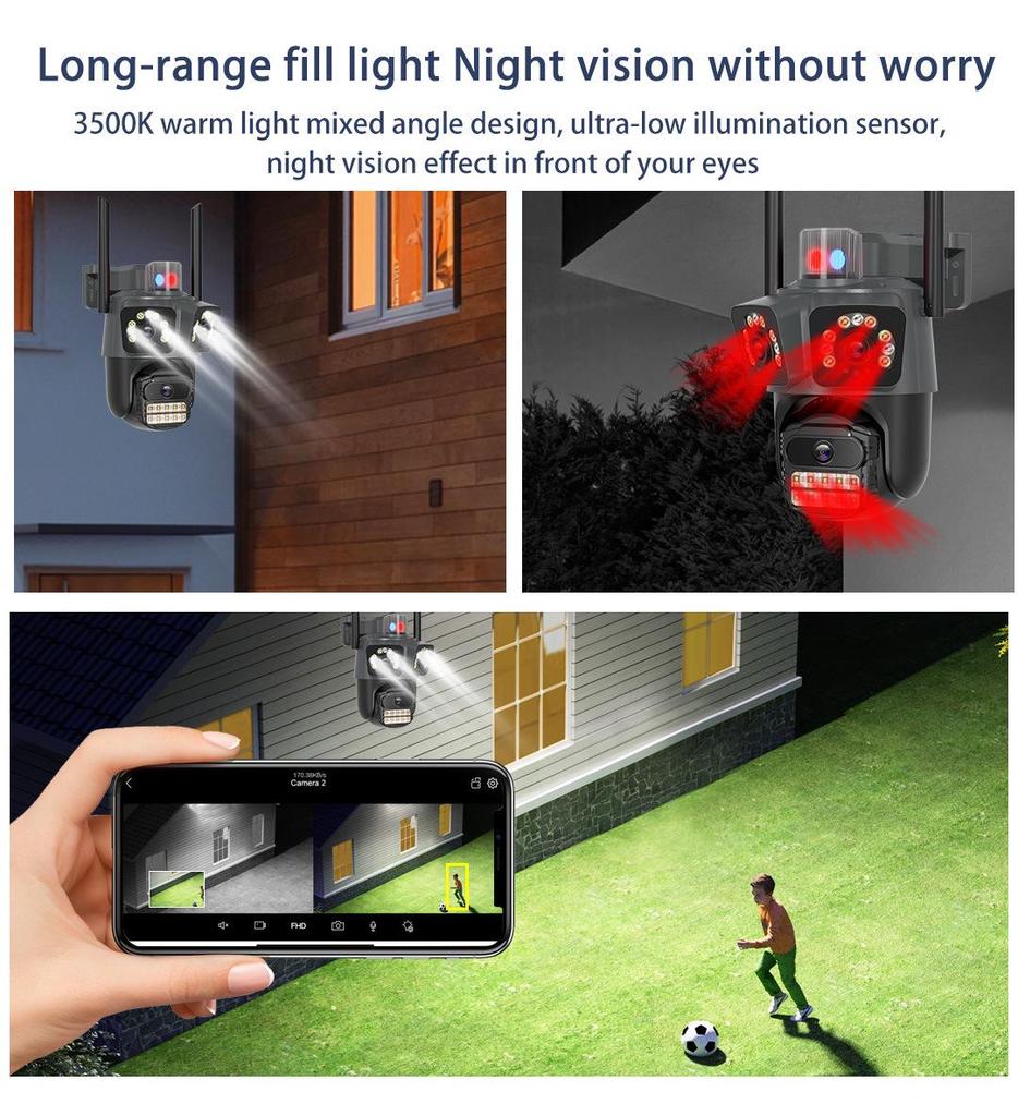 Wireless PTZ Camera with Triple Lens & Screen for Home Network Monitoring