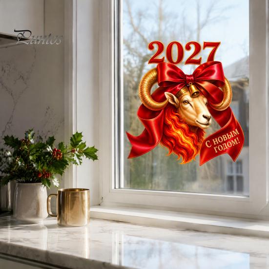 Декоры для окон с четким рисунком, 2027 год Козы, Статичные наклейки на стекло с красным бантом, Китайские влагостойкие наклейки на стену, Новые наклейки на стекло, Многоразовые