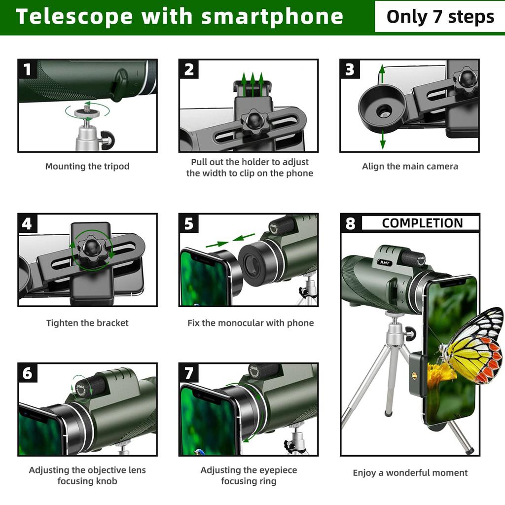 40X60 Monoculars High power monoculars for adults with phone adapter tripod hand strap Low night vision monoculars with BAK4 prisms for bird