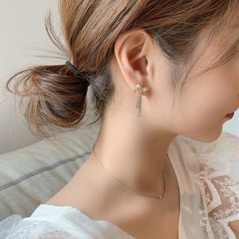 BELLA BOX 2025 New Fashion Day Korean Pure Silver Needle Earrings, Long Slightly Inlaid Zircon Bow Tassel Stud Earrings For Women