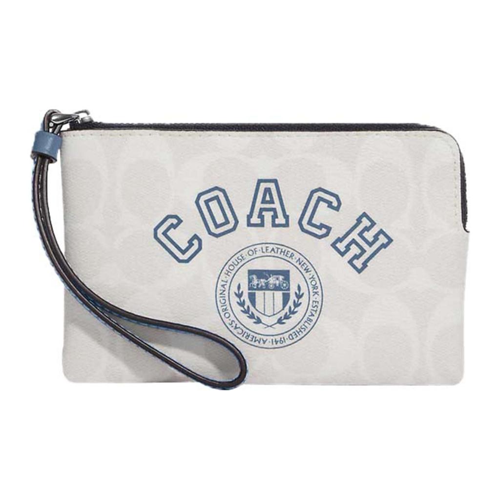 New COACH Corner Zip Coated Canvas With Smooth Leather Wrist Bag Clutch Small Women's Chalk White & Indigo CB855-SVUON