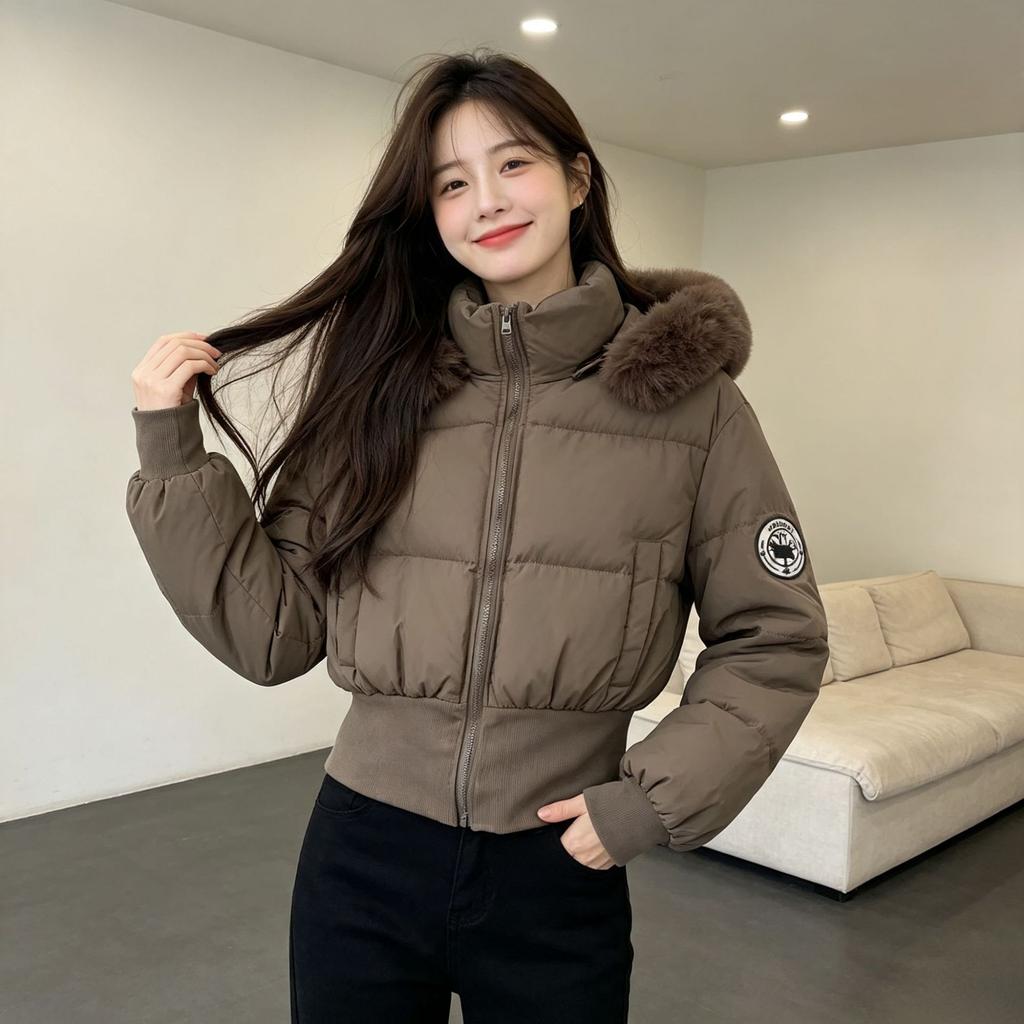 Winter new American short waist thin cotton coat women's small high waist big fur collar cotton coat batch