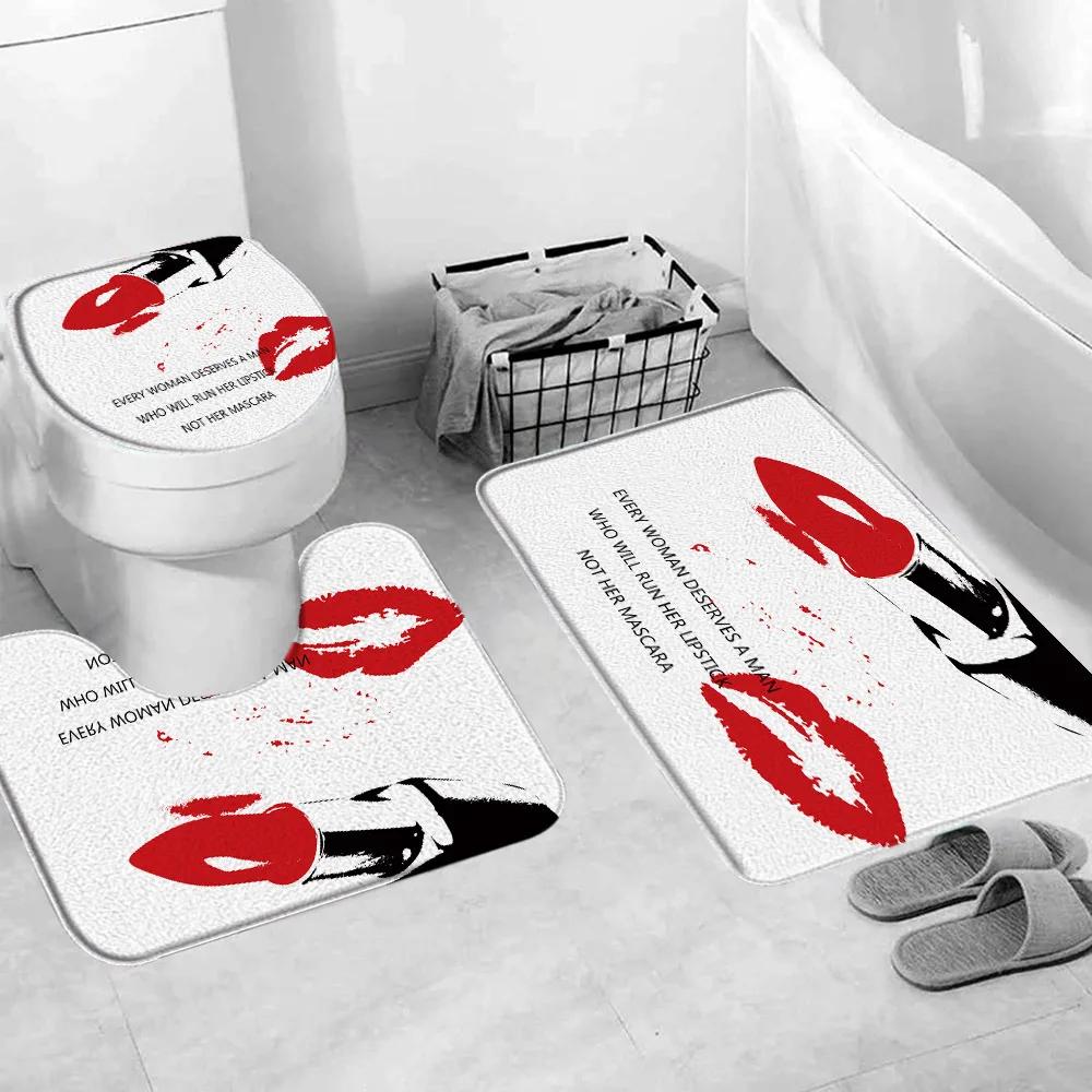 Valentine's Day Shower Curtain, Rose High Heels Lipstick Perfume Bottle Black and White Striped Romantic Bath Mat Bathroom Decor