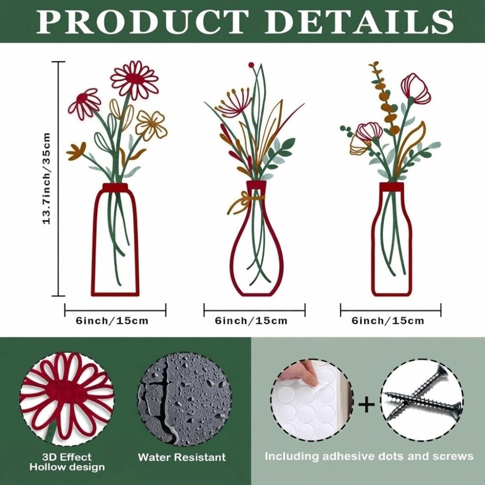 3 Pieces Set Metal Material Metal Flowers Wall Art 3D Boho Farmhouse Floral Decor Vase Design 3D Flower Vase Living Room