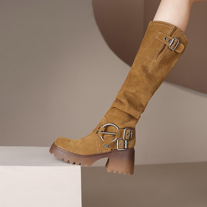 Женские коричневые замшевые ковбойские сапоги в западном стиле с пряжкой-ремнем и массивным каблуком