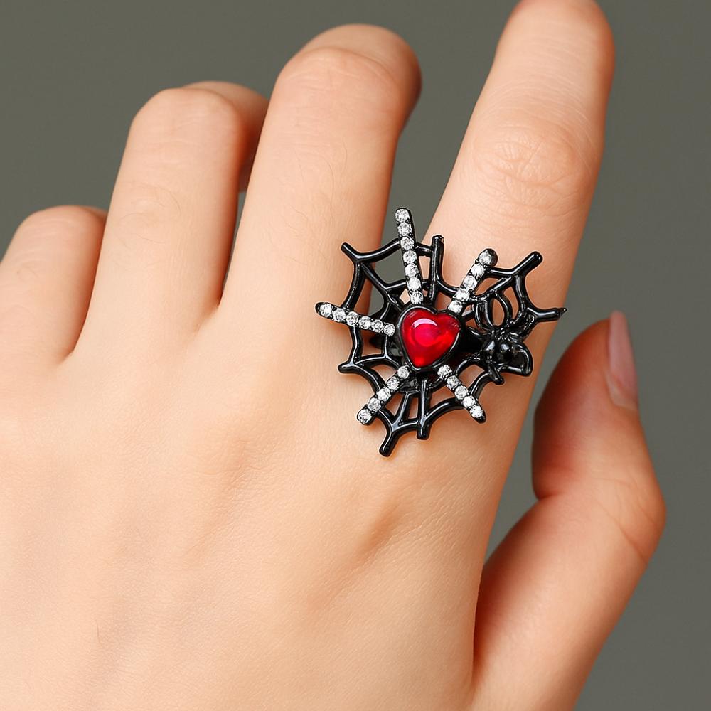 Dark Fashion Spider Web Heart Ring Shiny Rhinestone Halloween Opening Ring  Festival Style