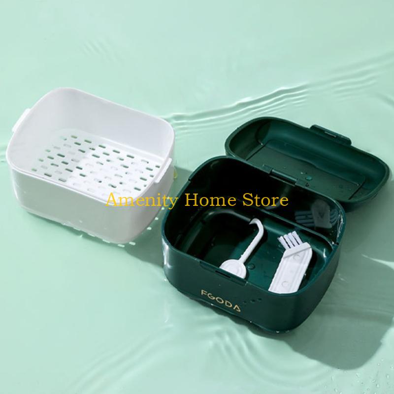 F26C Denture Bath Box Case Dental False Teeth Storage Box with Hanging-Net Container Braces Denture Teeth Care Tool