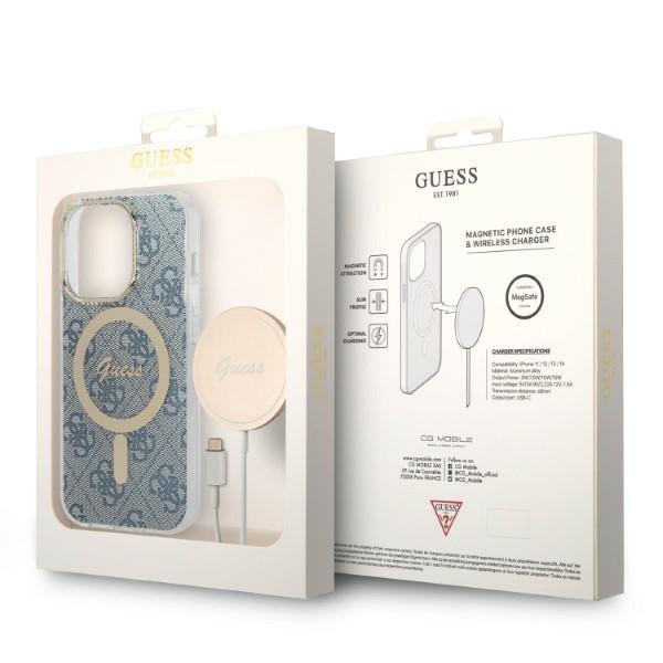 Guess GUBPP14LH4EACSB Case+ Charger Set iPhone 14 Pro 6.1" blue/blue hard case 4G Print MagSafe