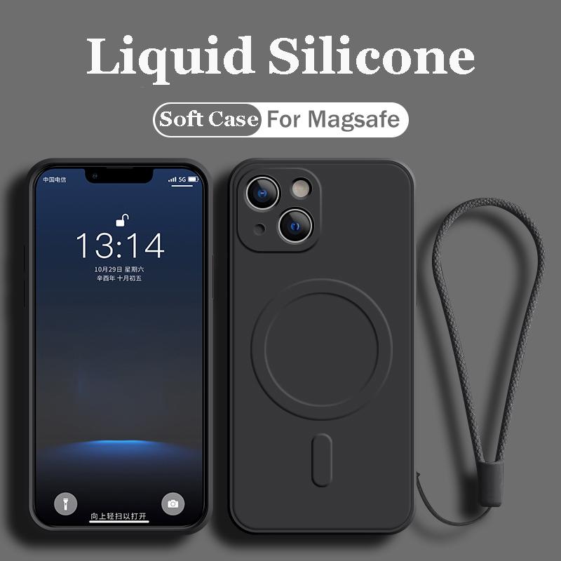 Магнитный чехол с беспроводной зарядкой для iPhone 15 12 13 14 Pro Max 13 Mini 11 XR XS X 7 8 Plus для Magsafe, чехол с жидким силиконовым ремешком