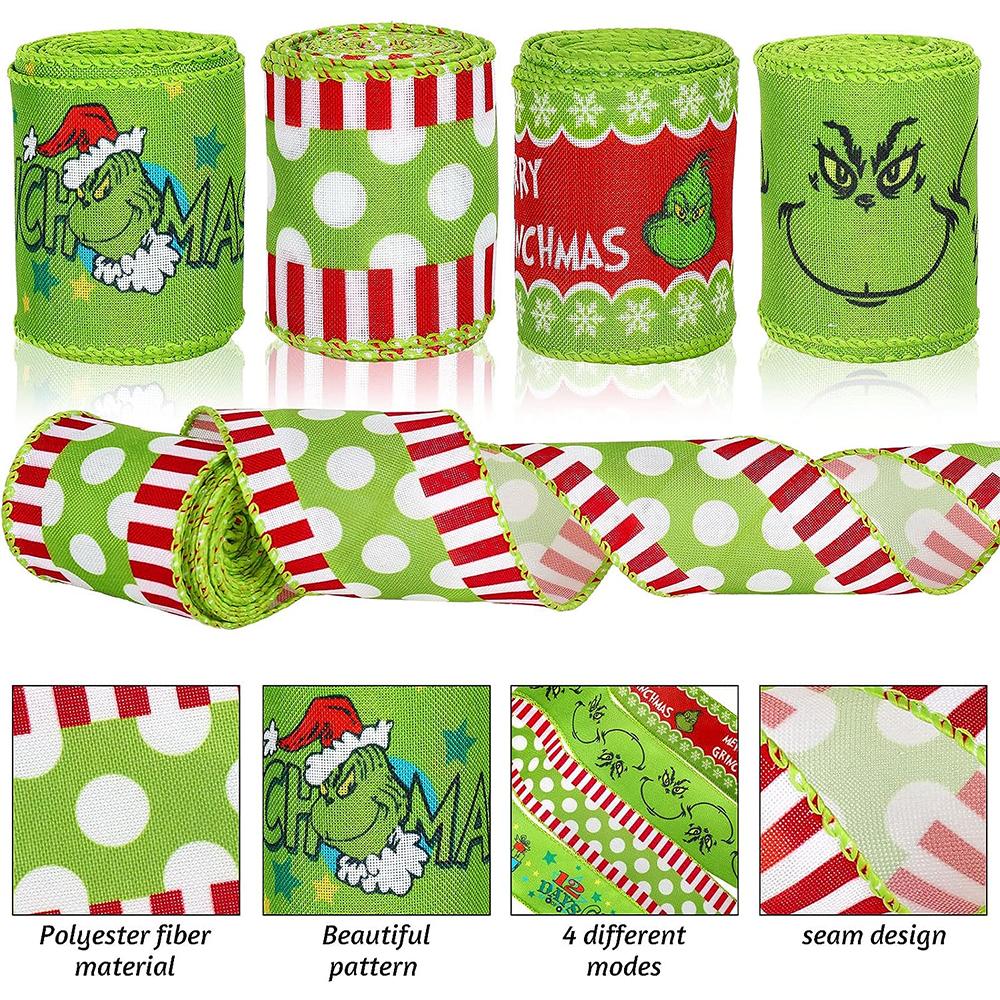 4 Roll Grinch Christmas Ribbons for Crafts DIY Holiday Christmas Decorations