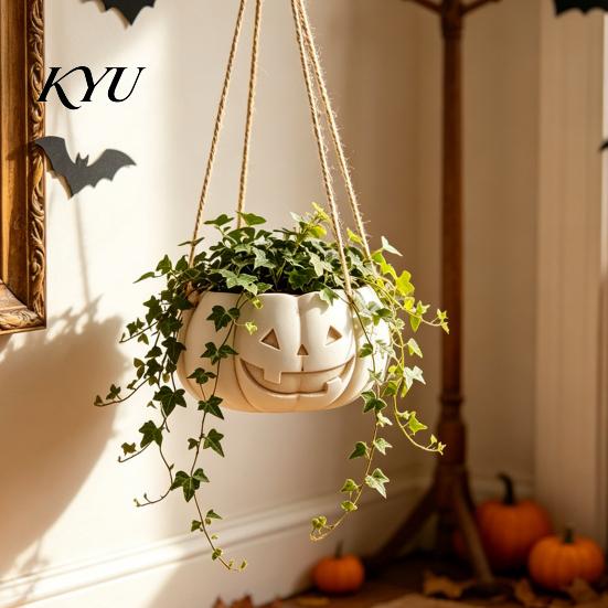Durable Resin Planter Pumpkin Shaped Hanging Plant Pot, 4.3 Inch Lightweight Flower Adjustable Garden Decor Rope Mini Pots for Indoor Outdoor
