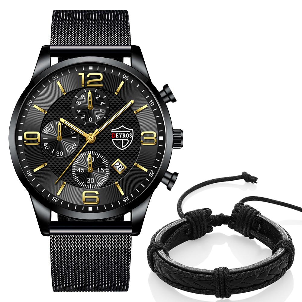 Модные черные мужские часы из нержавеющей стали, кварцевые наручные часы с календарем, роскошные мужские часы с круглым циферблатом, аналоговые часы, браслет, набор