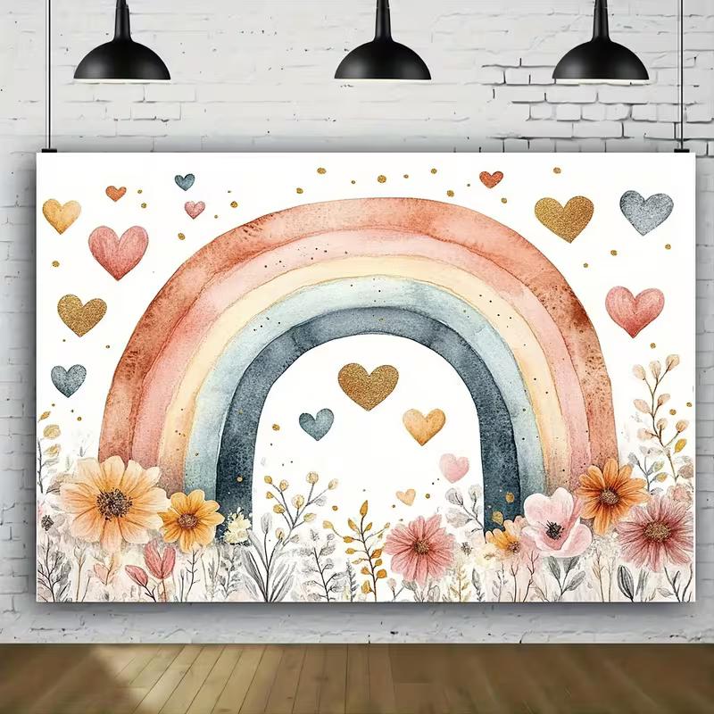2D Watercolor Rainbow Backdrop, Pastel Boho Style with Flowers and Hearts Background for Nursery