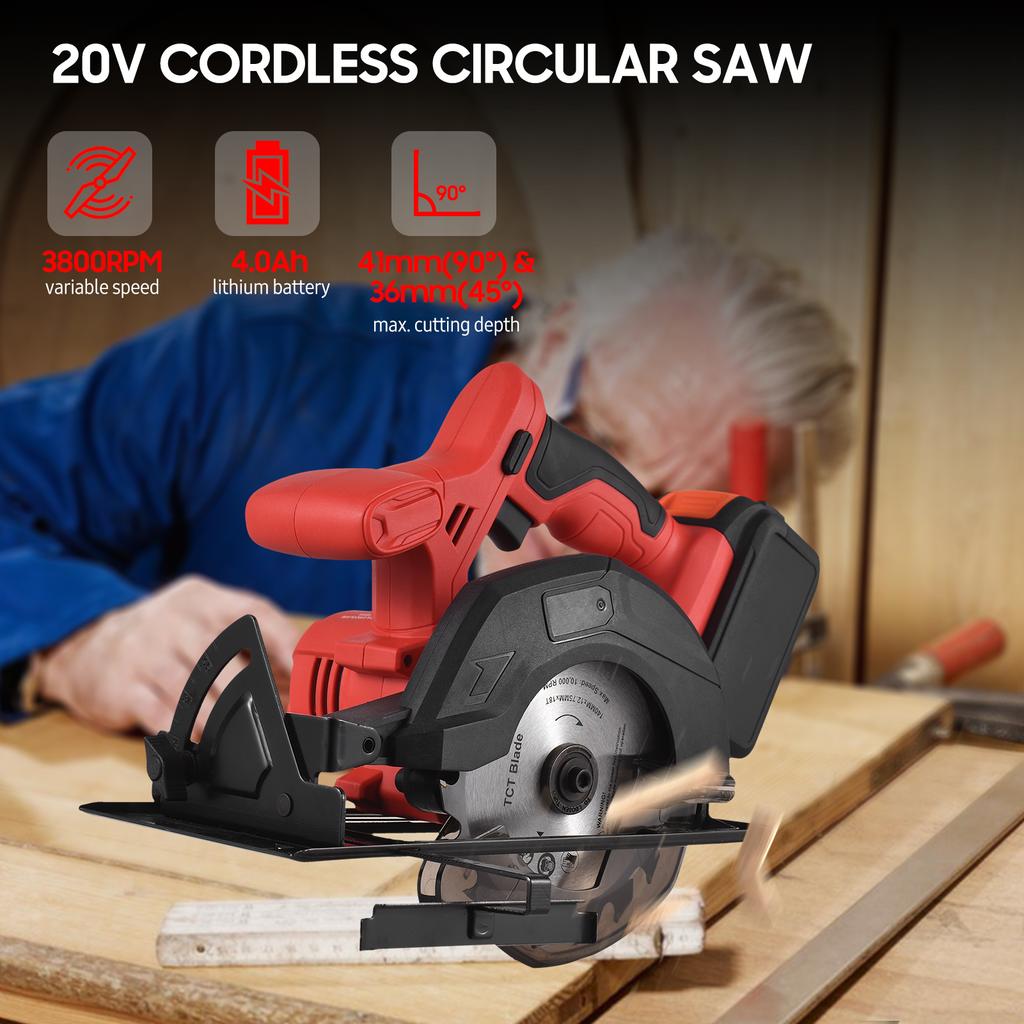 Аккумуляторная циркулярная пила, 20 В, лезвие 18 зуб., 140 мм, 5–3/8 дюйма, 3800 об/мин, переменная скорость, 2,0 Ач.