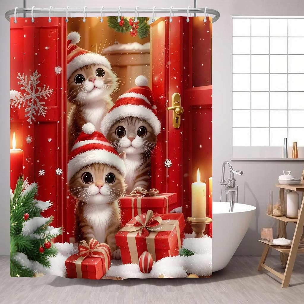 Сосна Красная Птица Занавеска для душа Зеленый Зимний Лес Кардинал Снежная Ягода Рождественская Тема, Деревенский Праздник Тканевая Занавеска для душа