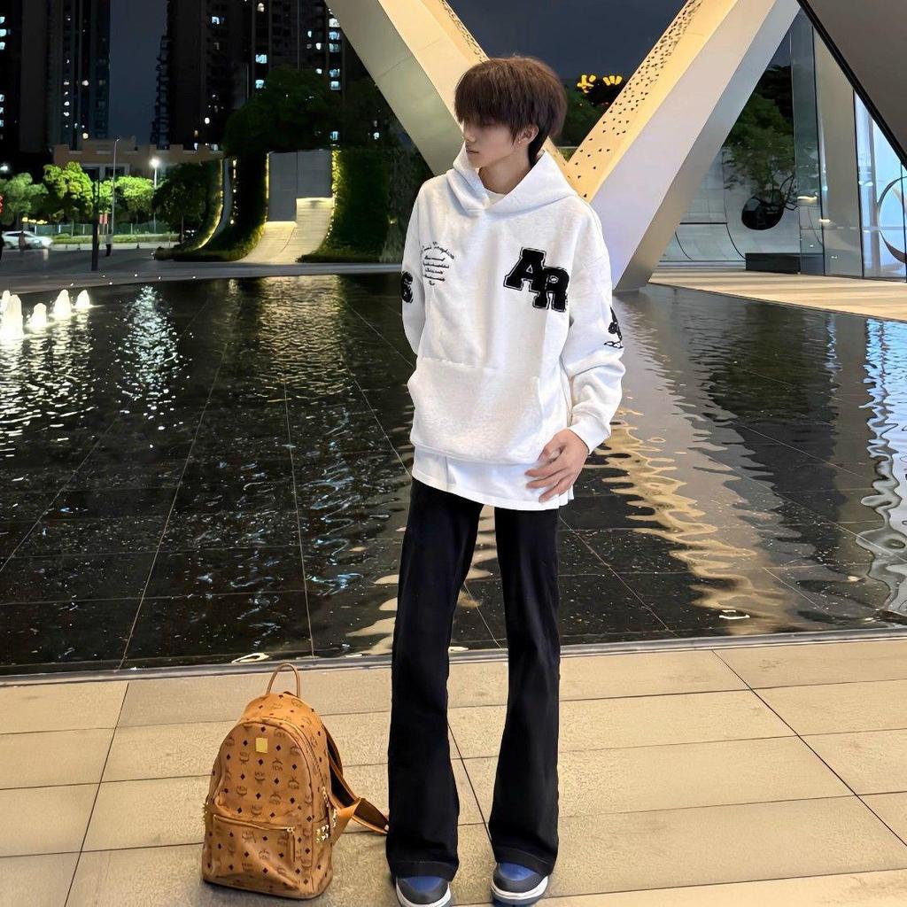 Unisex Guochao Heavyweight AR Embroidery Hoodie with Stand-Up Collar, Velvet Lined, Loose Fit, Autumn/Winter Style.