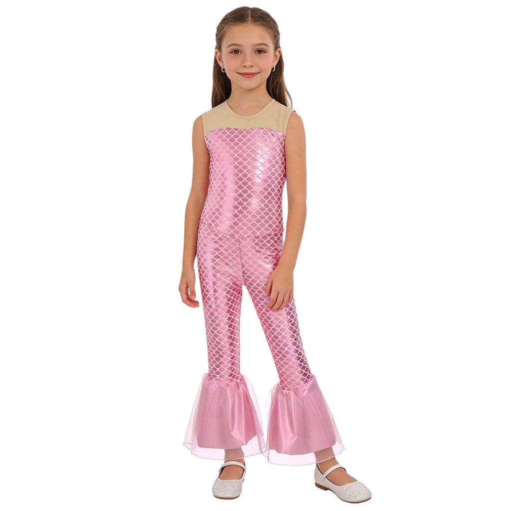 All-in-One Mermaid Halloween Outfit for Kids Girls: Playful Fish Scale Jumpsuit, Easy to Wear for Instant Transformation