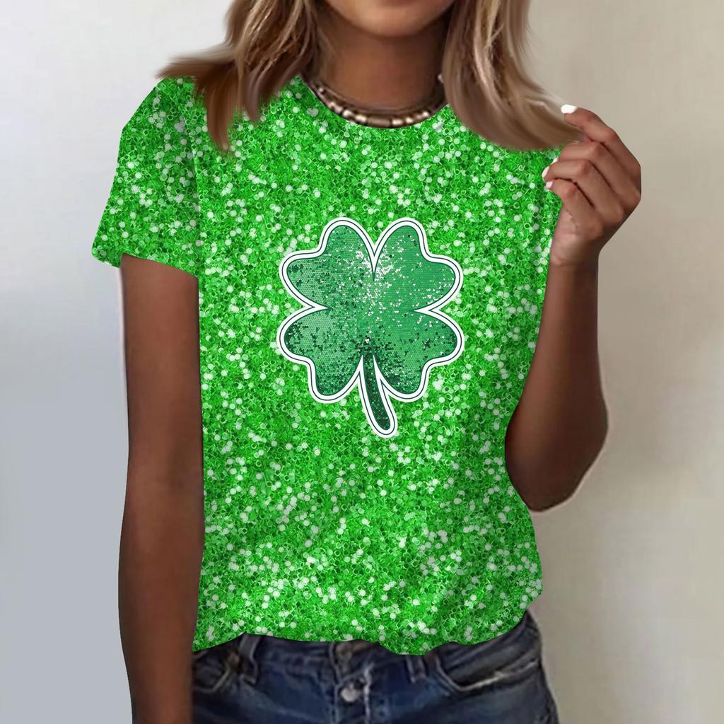 Women's  Casual Short Sleeve Shirts Fashion St Patrick's Print Tunic Tops With Pockets