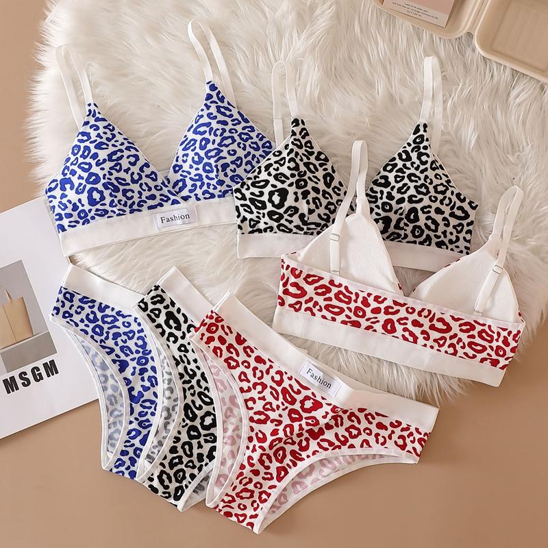Women Seamless Sexy Bra Set Low Waist Panties Leopard Bralette Lingerie Vneck Sport Brassiere Female Cotton Intimate Underwear