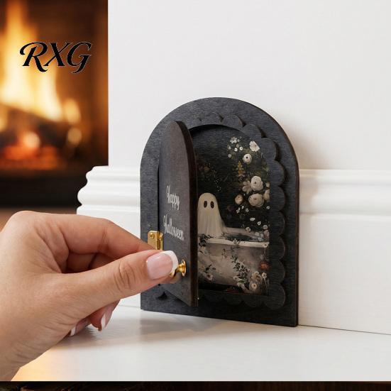 Decorative Halloween Fireplace Accent Cute Ghost Door Ornaments, Vintage Miniature Decoration, Retro Arched Tabletop Decor 3 Layer Openable