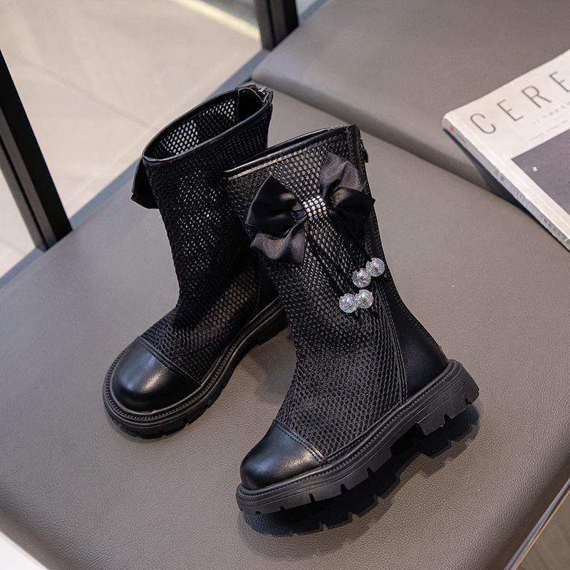 Летние сандалии для девочек, детские высокие сетчатые туфли с дышащими вырезами и подвеской в виде банта, милые детские гладиаторы для принцессы