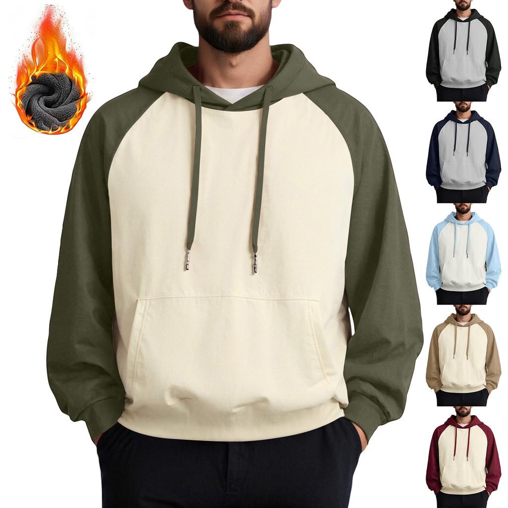 Unisex Casual Drawstring Hoodies Colorblock Raglan Sleeve Fleece Sweatshirts