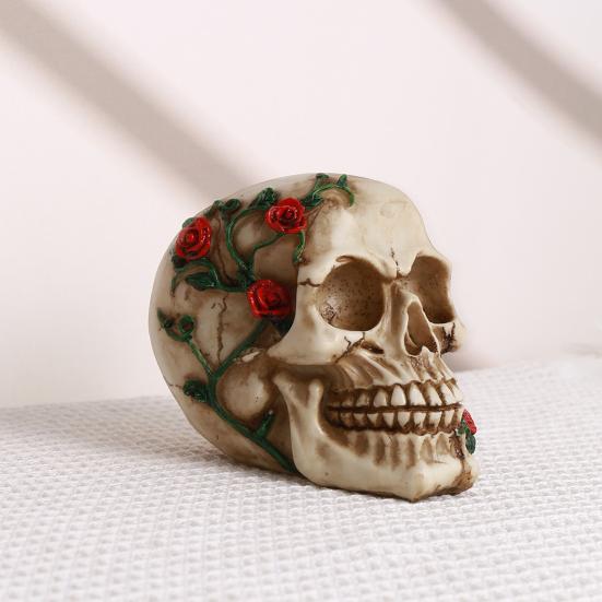 Череп человека с розой Маленький цветок розы Лоза Статуэтка скелета Коллекционная фигурка для готического домашнего настольного декора