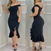 Women Sexy Plain Off Shoulder Bodycon Ruffle Dress Hem Slit Sparkle Sleeveless Black Red Blue Dresses for Party Date