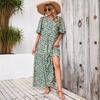 Women Summer Casual Floral Print O Neck Dress High Waist Loose Large Size Ankle Length Middle Long Sleeve Spring Dress