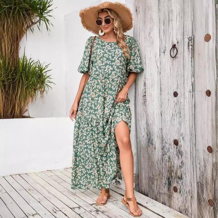 Women Summer Casual Floral Print O Neck Dress High Waist Loose Large Size Ankle Length Middle Long Sleeve Spring Dress