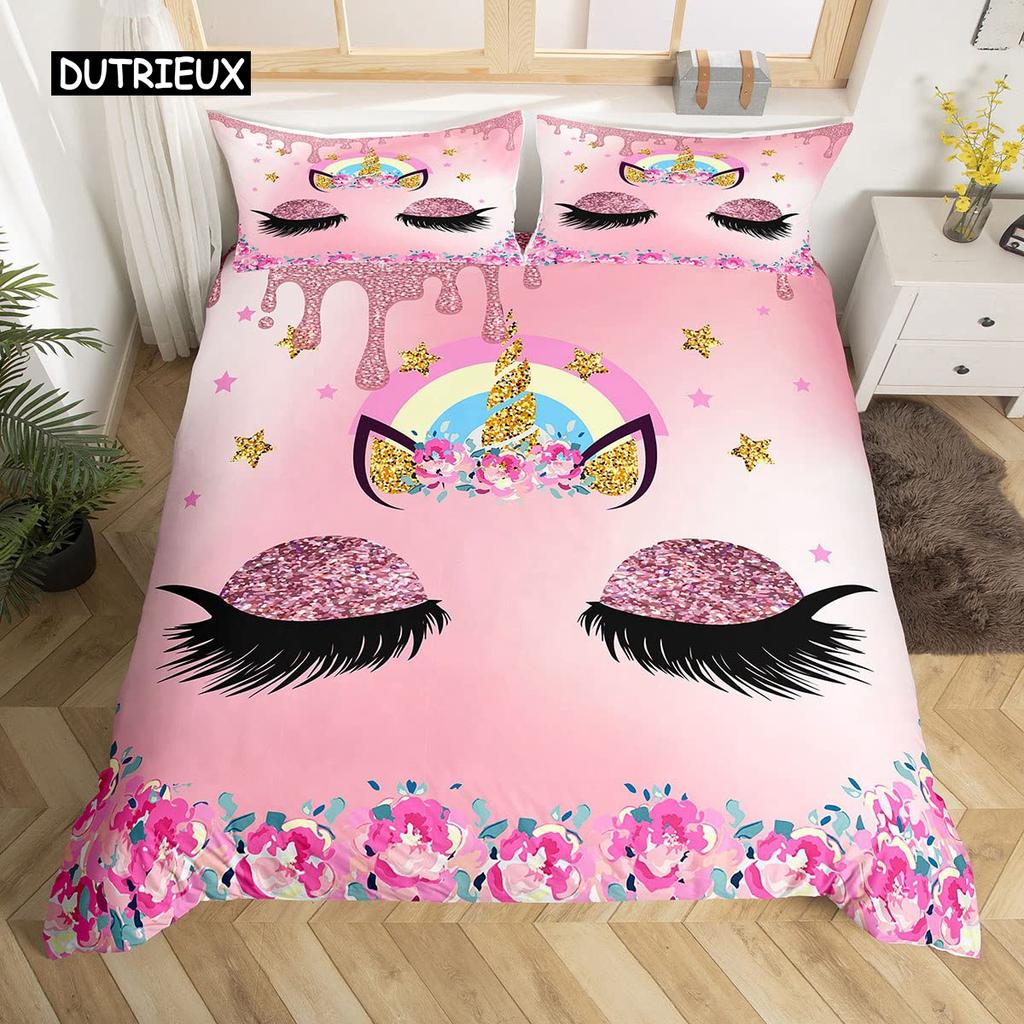 Girls Cute Unicorn Duvet Cover Set Cartoon Animal Bedding Set Microfiber Floral Star Quilt Cover Twin King For Kids Teens Room