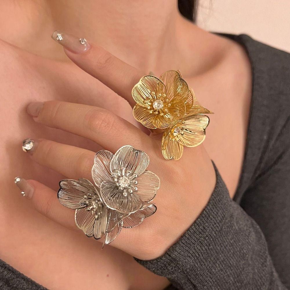 Multi Layered Flowers Irregular Hollow Open Ring Chinese Style Wide Finger Buckle Friend