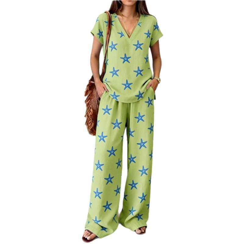 Y1 summer loose short-sleeved V-neck top wide-leg pants two-piece women's clothing European and American fashion suit