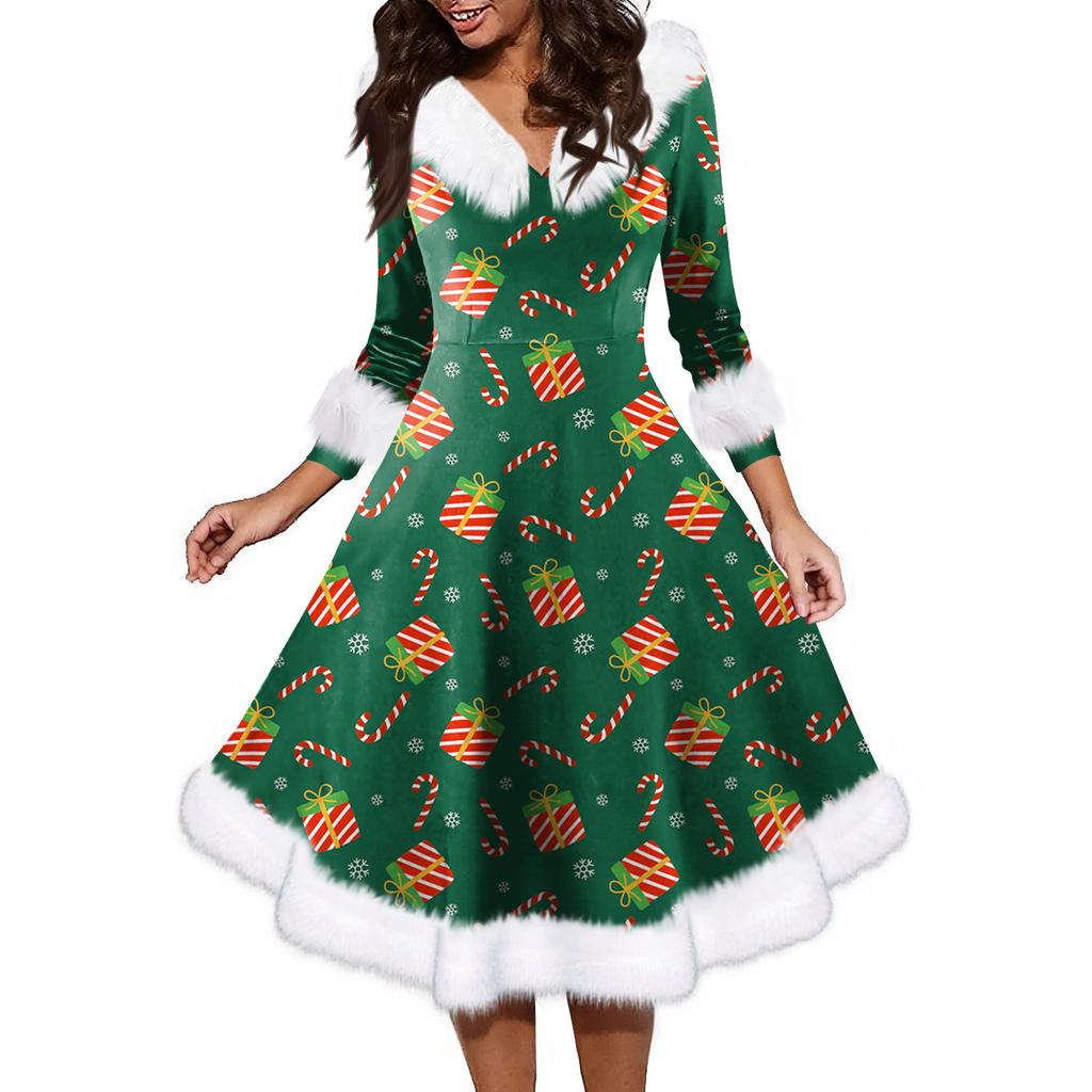 Женское модное повседневное платье с v-образным вырезом и рождественским принтом для вечеринки с длинными рукавами