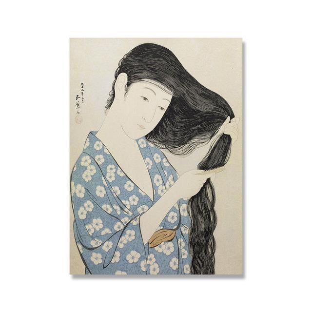 Japan Ukiyoe Posters and Prints Geisha Shampooing Combing Hair Canvas Painting Vintage Wall Pictures for Living Room Home Decor