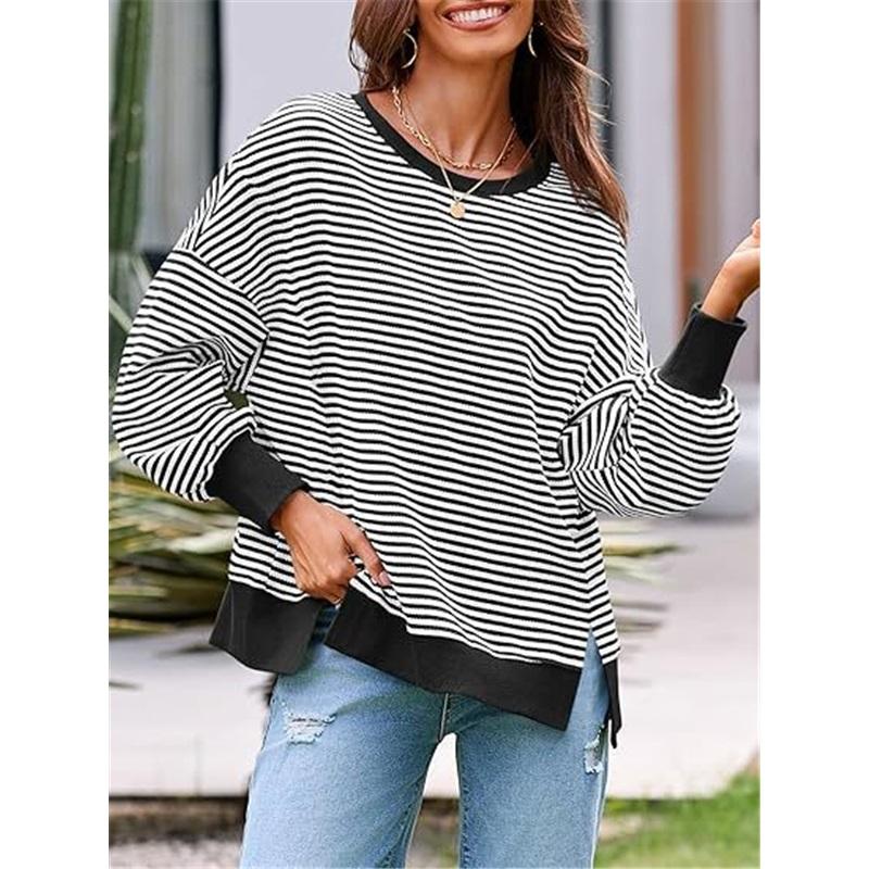 Women Striped Crew Neck Sweatshirt Loose Oversized Long Sleeve Pullover Casual Daily Blouse Top