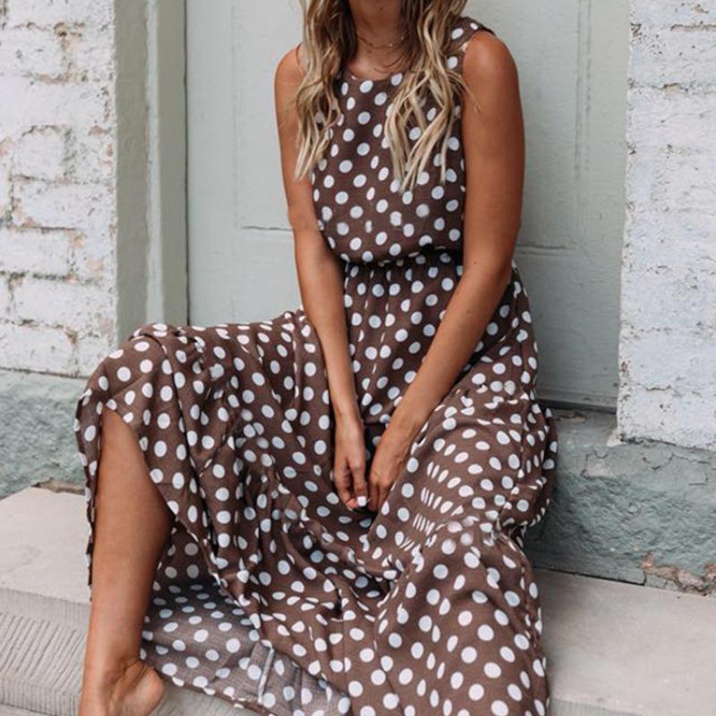 Women's Fashion Summer Spring Solid Color Print Sleeveless O-Neck High Waist Casual Dresses